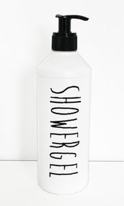 Flasche für Showergel in Weiß mit Handpumpe in Schwarz, für 500 ml Inhalt
