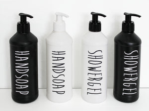 Flasche für Showergel in Weiß mit Handpumpe in Schwarz, für 500 ml Inhalt