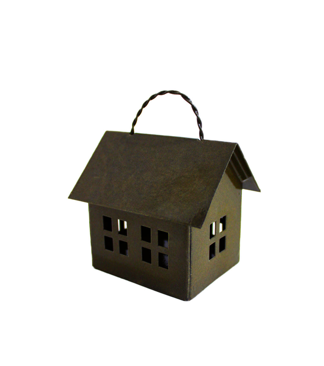 Metall Lichthäuschen mini mit Aufhängung, Höhe 7 cm, Breite 5 cm, Farbe Olive