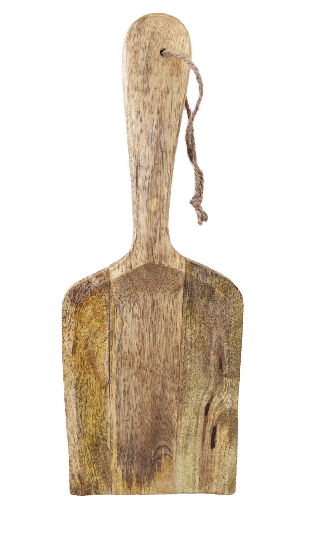 Handgefertigtes Schneide / Servier Brett aus Mangoholz mit Griff und Juteband, 19 x 50 cm