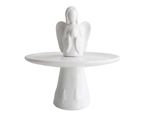 Porzellan Figur Keramikteller Engel, Höhe gesamt 17 cm